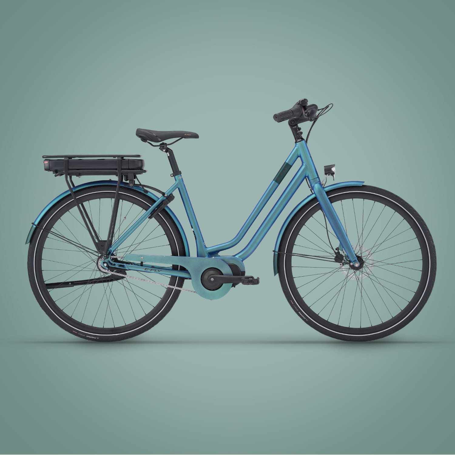 E Fly e-cykel Via Center, grön metallisk matta